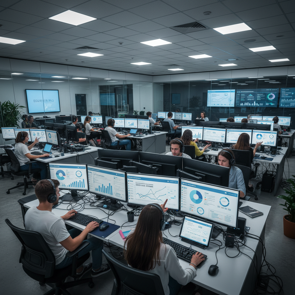 Modern office workspace with multiple computer monitors displaying financial data charts and graphs