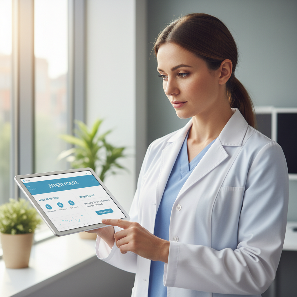 Healthcare professional in white coat using tablet device in modern medical facility