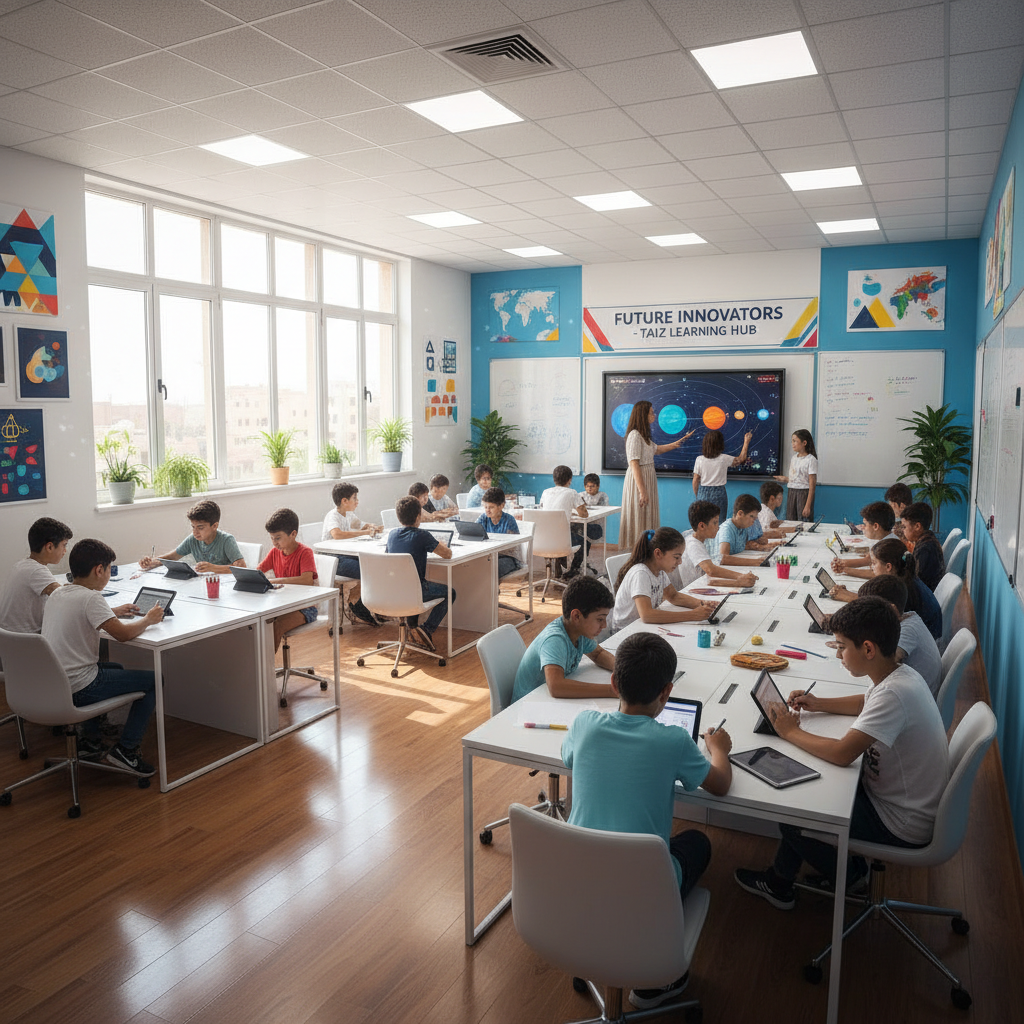 Students in modern classroom using laptops and tablets for digital learning