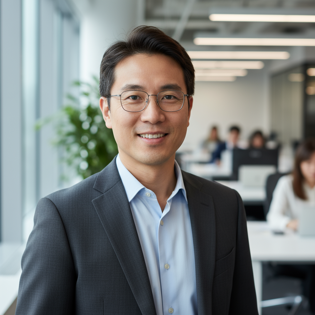 Asian man with glasses in gray suit jacket smiling in bright office setting