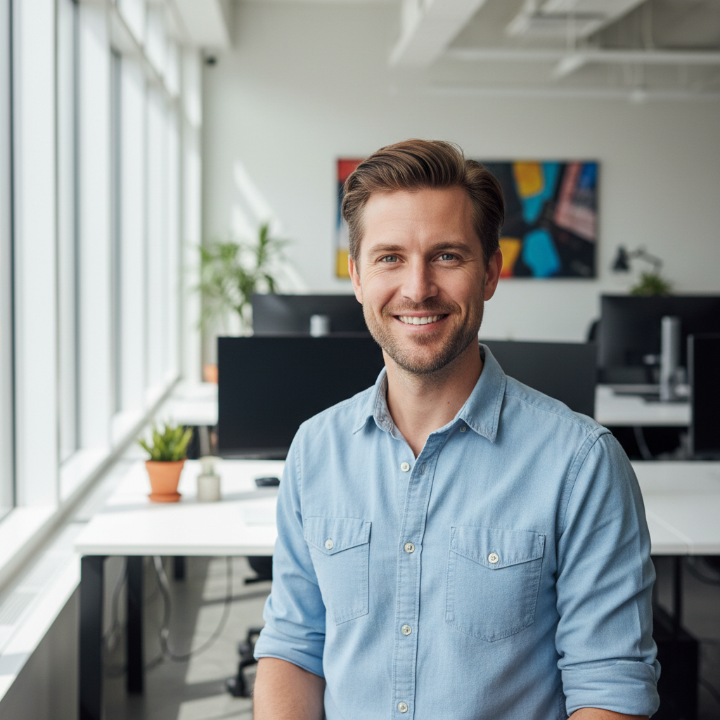 Caucasian man with beard in blue shirt smiling in modern tech office environment